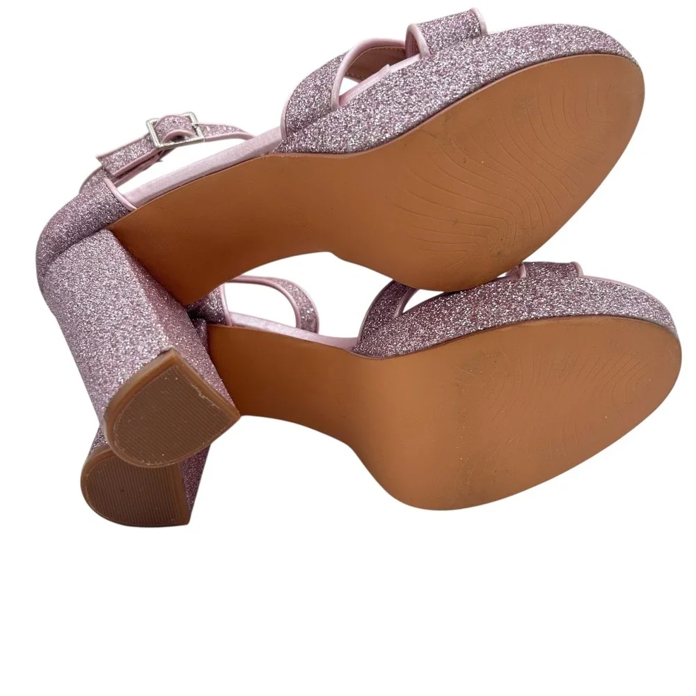 Allegra K Platform Heels Women 9 Pink Glitter Criss Cross Ankle Strap Block Heel